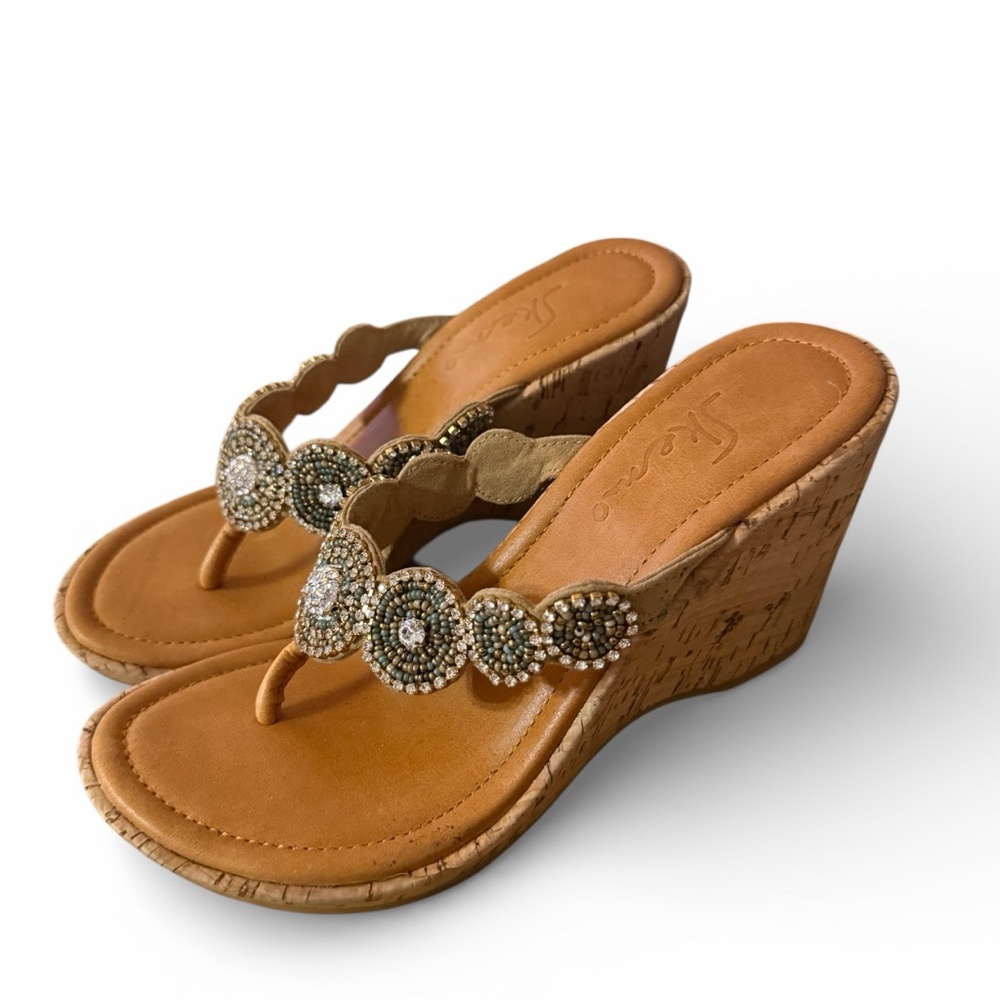 NWOT- Skemo Rhinestone/Beaded Flip Flop Sandals Cork Wedges - Picture 2 of 4